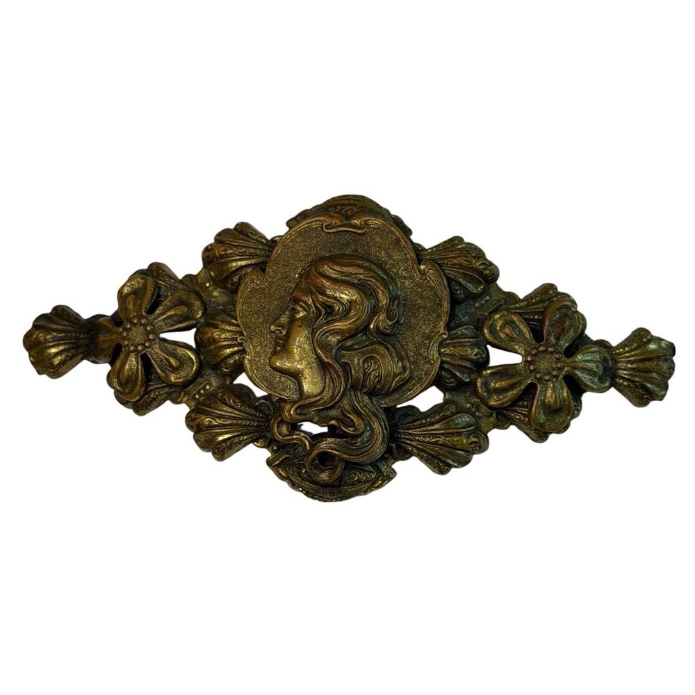 Vintage Art Nouveau Revival Lady Profile Brooch Large Gold Tone Floral 3.75in